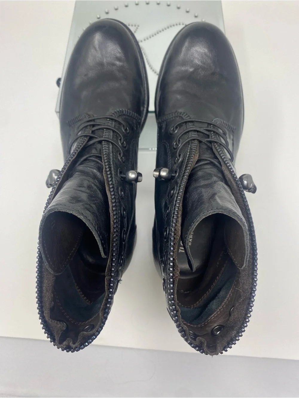 TJ Collection Black Combat, Side Zipper, Leather Ankle Boots,Skull Charm
